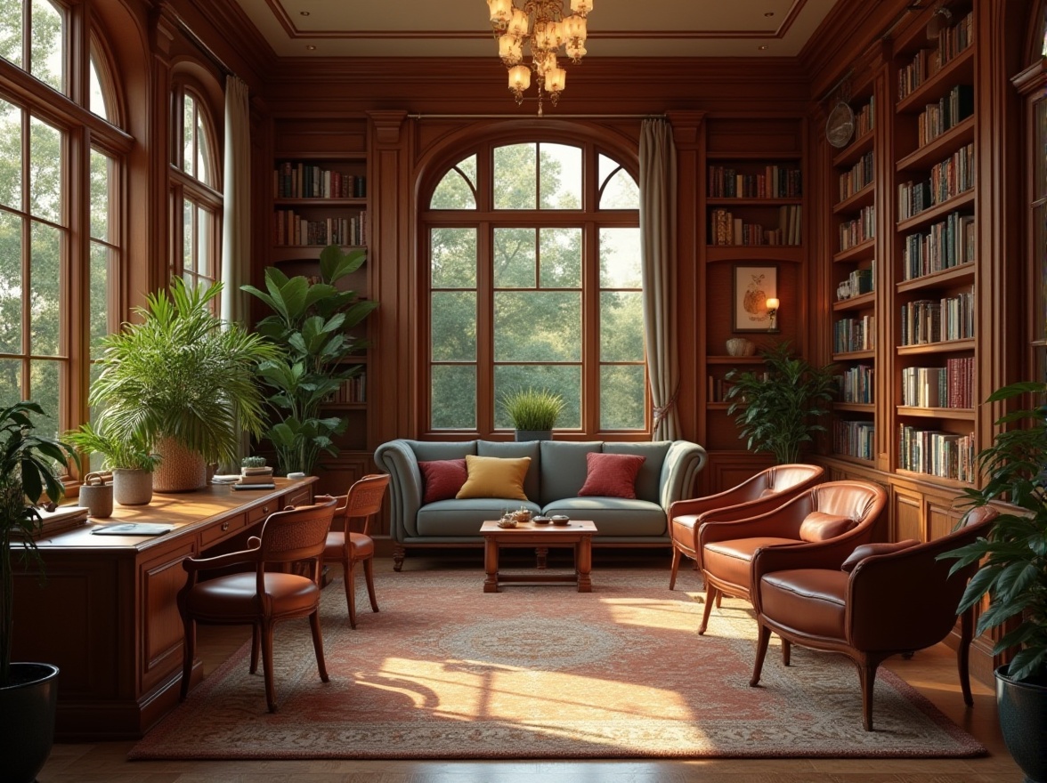 Prompt: Cozy library interior, warm wooden shelves, comfortable reading nooks, soft cushioned chairs, rich leather-bound books, earthy color palette, calming atmosphere, natural light filtering through large windows, elegant chandeliers, subtle texture contrasts, warm beige walls, deep brown furniture, vibrant greenery, soothing ambiance, shallow depth of field, 1/1 composition, realistic renderings, ambient occlusion.