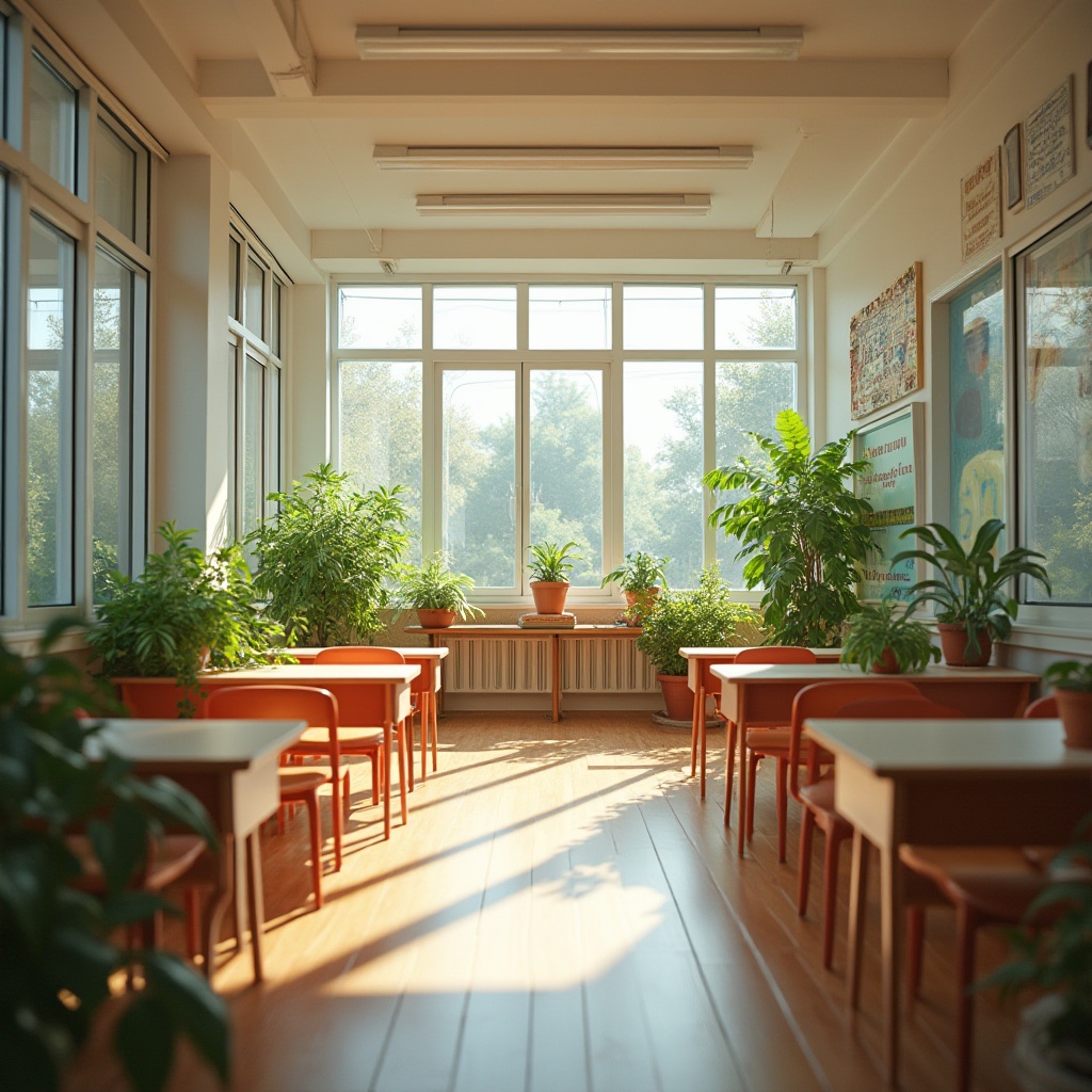 Prompt: Bright classroom, floor-to-ceiling windows, abundant natural light, warm wooden flooring, minimal artificial lighting, cozy reading nooks, greenery-filled planters, soft diffused illumination, comfortable seating areas, collaborative learning spaces, modern educational furniture, inspirational quotes, motivational artwork, calm atmosphere, shallow depth of field, 1/1 composition, realistic textures, ambient occlusion.