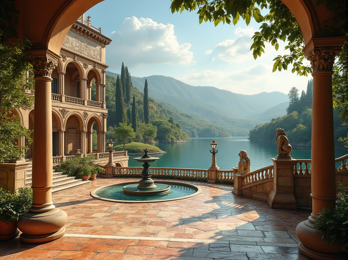 Prompt: Rolling hills, lush greenery, serene lakeside, ornate fountains, statues of mythical creatures, grand staircases, symmetrical archways, rusticated stone walls, ornate columns, decorative cornices, vaulted ceilings, frescoed domes, Tuscan columns, arched windows, glazed terracotta tiles, aged stone patios, lantern-lined walkways, soft warm lighting, shallow depth of field, 3/4 composition, panoramic view, realistic textures, ambient occlusion.