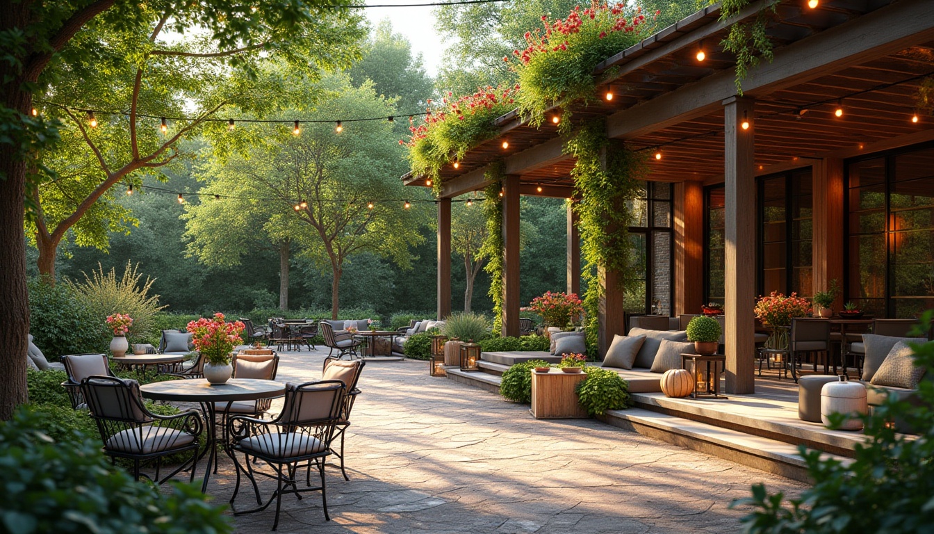 Prompt: Inviting patio area, lush greenery, vibrant flowers, comfortable outdoor seating, rustic wooden benches, modern metal chairs, soft cushions, warm string lighting, lanterns, natural stone pathways, brick pavers, cozy fire pit, sunny day, gentle breeze, shallow depth of field, 3/4 composition, panoramic view, realistic textures, ambient occlusion.