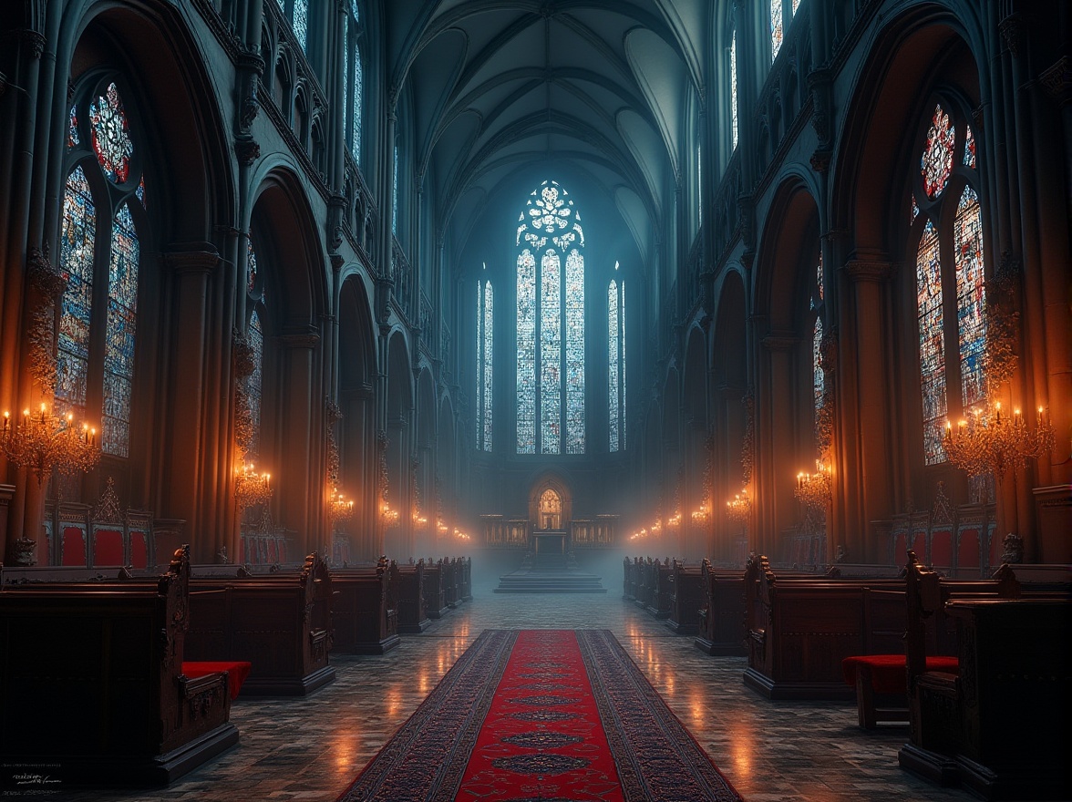 Prompt: Richly ornate Gothic cathedral, mysterious ambiance, dark stone walls, stained glass windows, vaulted ceilings, intricate carvings, eerie candlelight, lavish furnishings, crimson red velvet drapes, midnight blue accents, golden metallic ornaments, weathered bronze statues, mystical symbols, foggy misty atmosphere, warm soft lighting, subtle gradient effects, atmospheric perspective, cinematic composition.