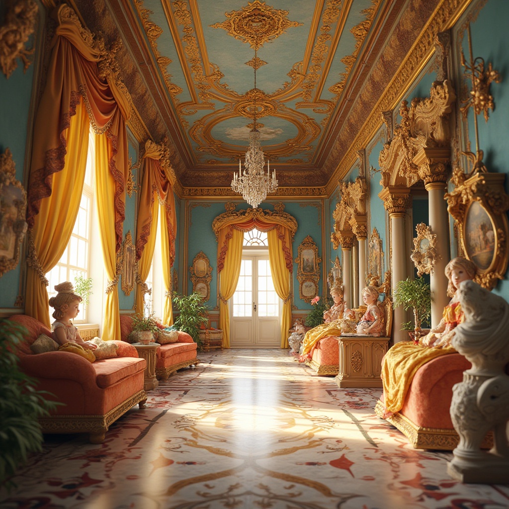 Prompt: Intricate kindergarten, lavish decorations, ornate furnishings, gilded frames, delicate carvings, vibrant colors, playful patterns, curly ironwork, whimsical statues, soft warm lighting, shallow depth of field, 3/4 composition, panoramic view, realistic textures, ambient occlusion, Baroque-inspired architecture, grand entrance halls, sweeping staircases, ornate chandeliers, decorative moldings, frescoed ceilings, stately columns, marble floors, luxurious fabrics, intricate wood carvings.