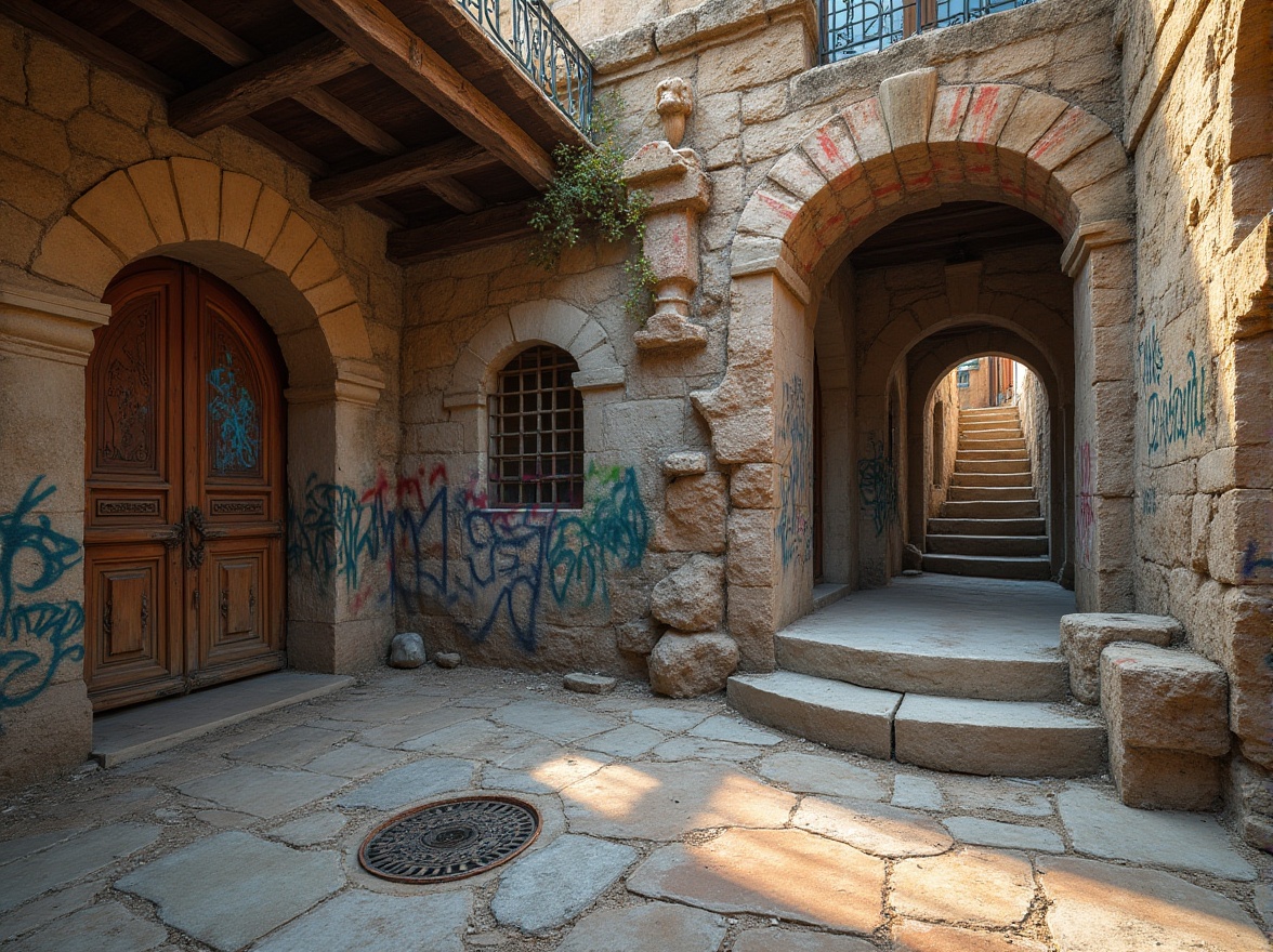 Prompt: Rough stone walls, weathered wooden planks, rusty metal grates, distressed concrete floors, peeling paint textures, vibrant graffiti murals, intricate mosaic patterns, ornate carved details, layered stucco finishes, worn brick facades, natural rock formations, earthy tone color palette, warm ambient lighting, shallow depth of field, 2/3 composition, realistic material rendering, subtle normal mapping.