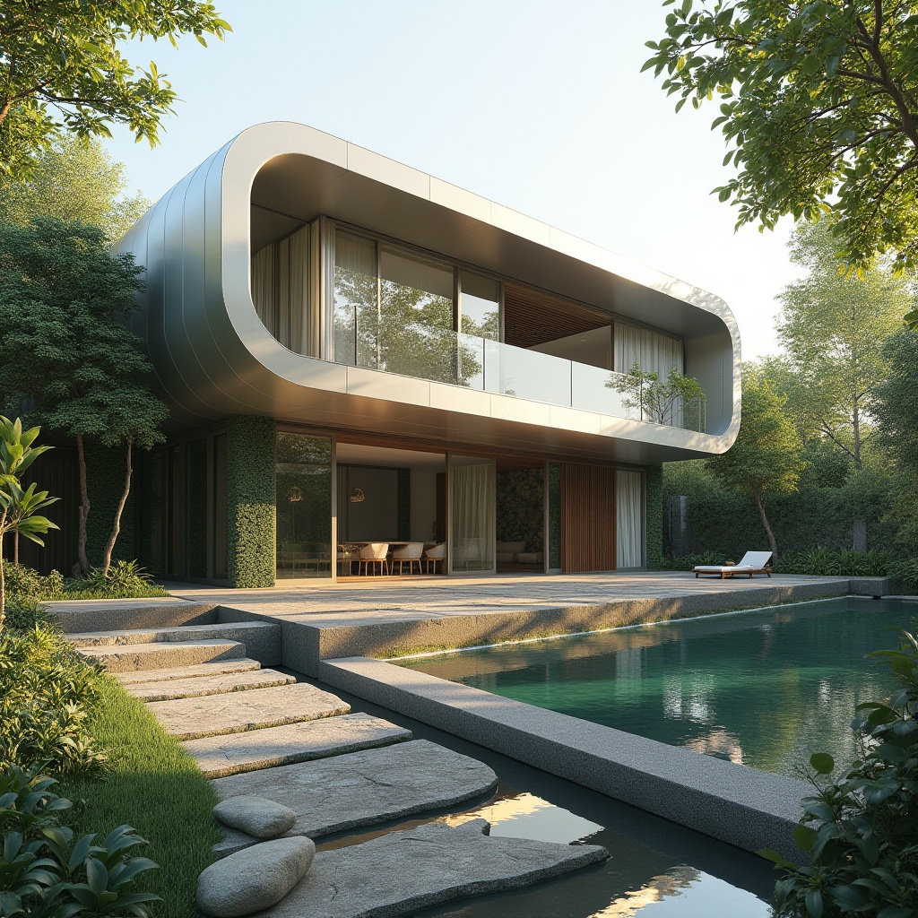 Prompt: Curved villa facade, streamlined modern architecture, silver metallic cladding, large glass windows, sliding doors, minimalist balconies, vertical green walls, lush foliage, natural stone pathways, serene water features, reflecting pools, sunny afternoon, soft warm lighting, shallow depth of field, 3/4 composition, panoramic view, realistic textures, ambient occlusion.