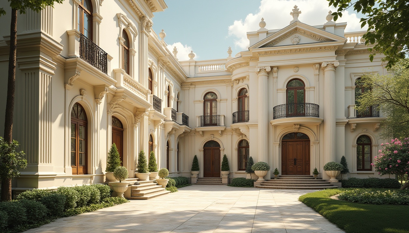 Prompt: Elegant neoclassical homes, ornate facades, grand entranceways, ionic columns, symmetrical compositions, cream-colored stone walls, decorative cornices, arched windows, Juliet balconies, intricately carved wooden doors, polished brass hardware, lush greenery, blooming flowers, sunny day, soft warm lighting, shallow depth of field, 1/1 composition, realistic textures, ambient occlusion.