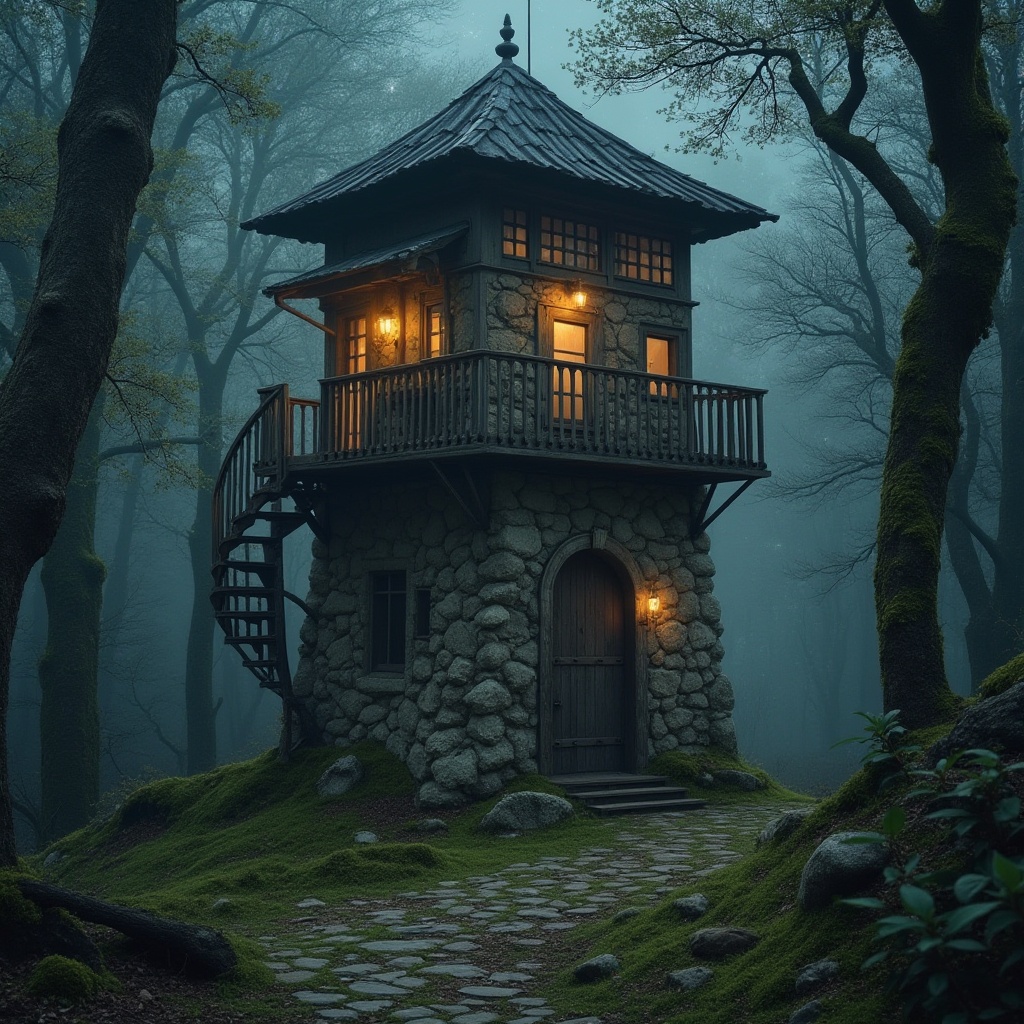 Prompt: Ethereal watchtower, rustic stone walls, worn wooden doors, weathered metal roofs, intricate stonework patterns, mystical forest surroundings, twinkling starry night sky, soft misty morning atmosphere, 1/1 composition, warm golden lighting, realistic moss textures, ambient occlusion, eerie silence, abandoned ruins, overgrown vegetation, mysterious ancient artifacts.Please let me know if this meets your requirements!