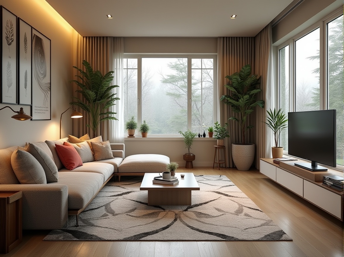 Prompt: Cozy living room, comfortable seating area, sleek coffee table, stylish rug, floor-to-ceiling windows, natural daylight, minimalist decor, functional storage units, space-saving shelves, ergonomic furniture, modern lighting fixtures, soft warm ambiance, 1/1 composition, realistic textures, ambient occlusion.