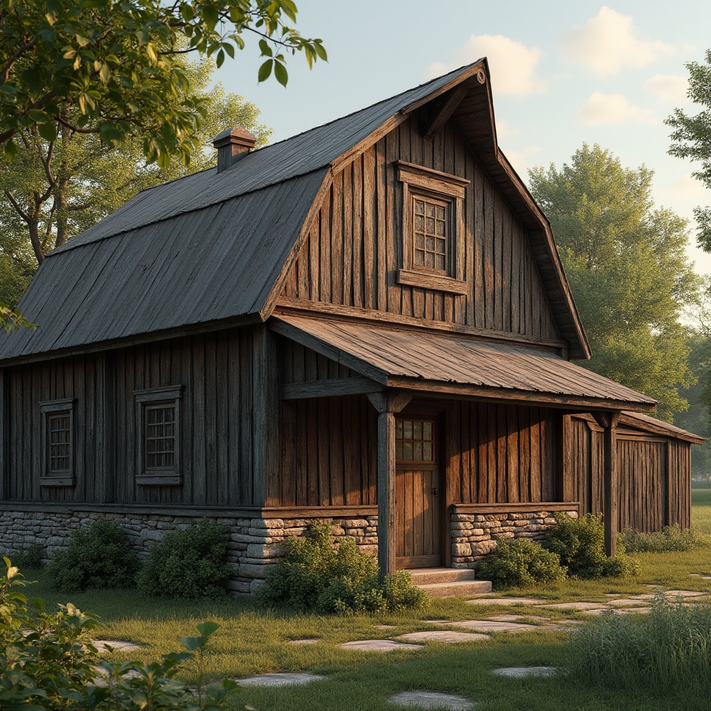 Prompt: Rustic barn, weathered wooden planks, earthy brown hues, muted greenery, vintage metal roofing, distressed textures, natural stone foundations, warm golden lighting, soft afternoon sun, subtle shadows, 1/1 composition, realistic rustic details, ambient occlusion, nostalgic atmosphere.