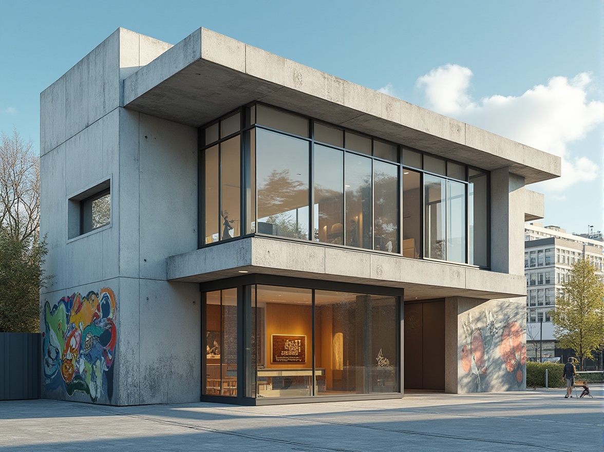 Prompt: Geometric Bauhaus visitor center, asymmetrical facade, industrial materials, exposed concrete walls, steel beams, large glass windows, minimalist design, functional simplicity, brutalist architecture, abstract artwork installations, urban cityscape, vibrant street art, sunny day, high contrast lighting, shallow depth of field, 3/4 composition, panoramic view, realistic textures, ambient occlusion.