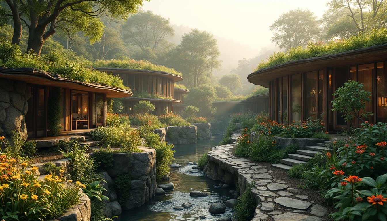 Prompt: Seamless natural integration, organic architecture, curved lines, living roofs, lush greenery, vibrant flowers, native plants, rustic wooden accents, stone walls, earthy tones, serene atmosphere, soft warm lighting, misty morning, gentle breeze, panoramic view, 3/4 composition, realistic textures, ambient occlusion, eco-friendly materials, sustainable design, water features, small ponds, babbling brooks, scenic overlooks.