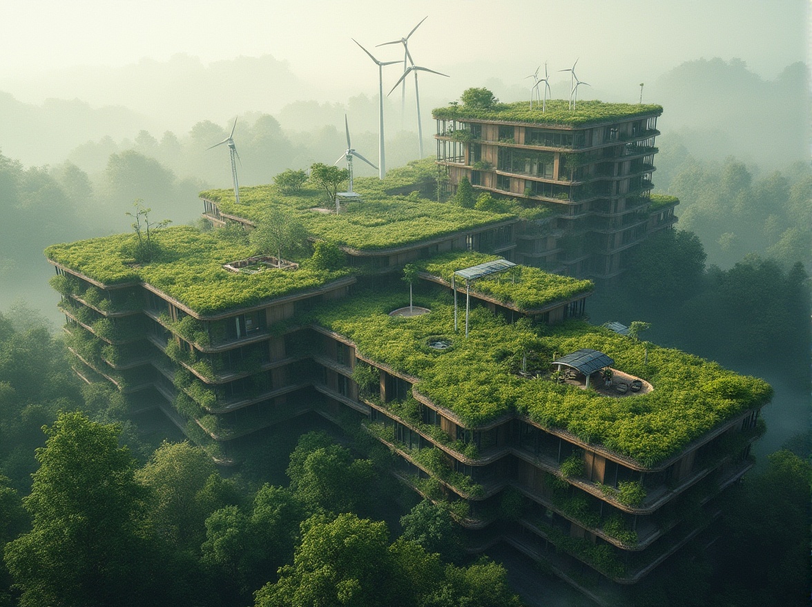 Prompt: Eco-friendly building, green roofs, solar panels, wind turbines, rainwater harvesting systems, living walls, natural ventilation, recycled materials, energy-efficient systems, minimal carbon footprint, sustainable urban planning, harmonious landscape integration, serene forest surroundings, misty morning atmosphere, soft diffused lighting, 1/1 composition, realistic textures, ambient occlusion.