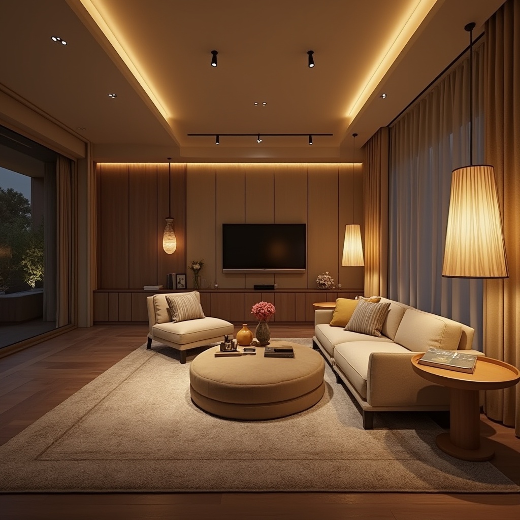 Prompt: Elegant living room, warm cozy atmosphere, soft golden lighting, table lamps, floor lamps, pendant lights, LED strips, indirect lighting, minimalist decor, neutral color palette, comfortable seating, plush carpets, natural stone walls, wooden accents, modern furniture pieces, subtle textures, ambient shadows, 1/2 composition, dramatic spotlighting, realistic renderings.