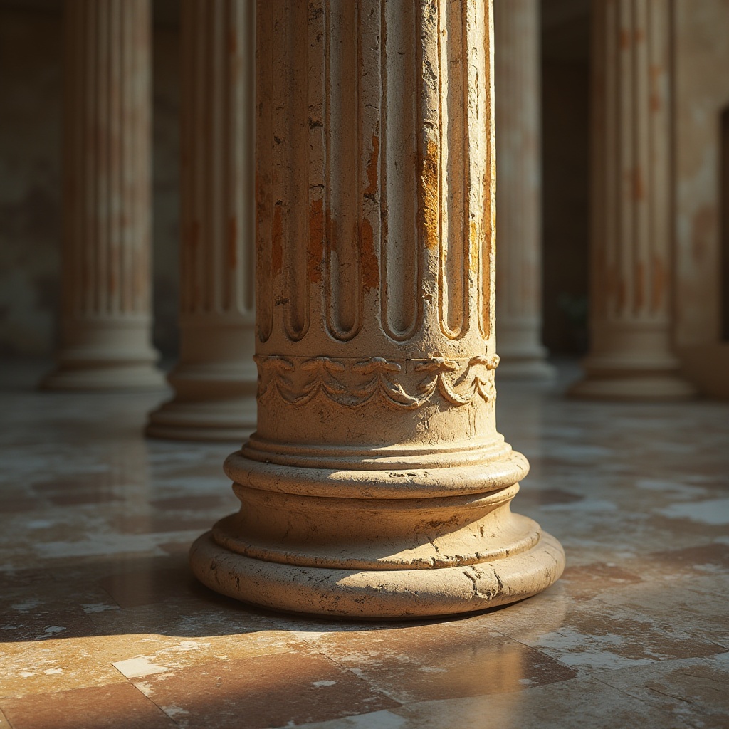 Prompt: Ornate column capital, fluted shaft, Corinthian order, ancient Greek inspiration, ornamental carvings, intricate moldings, rustic stone base, polished marble surfaces, golden accents, warm afternoon light, soft shadows, subtle texture details, 1/2 composition, dramatic perspective, atmospheric depth of field.