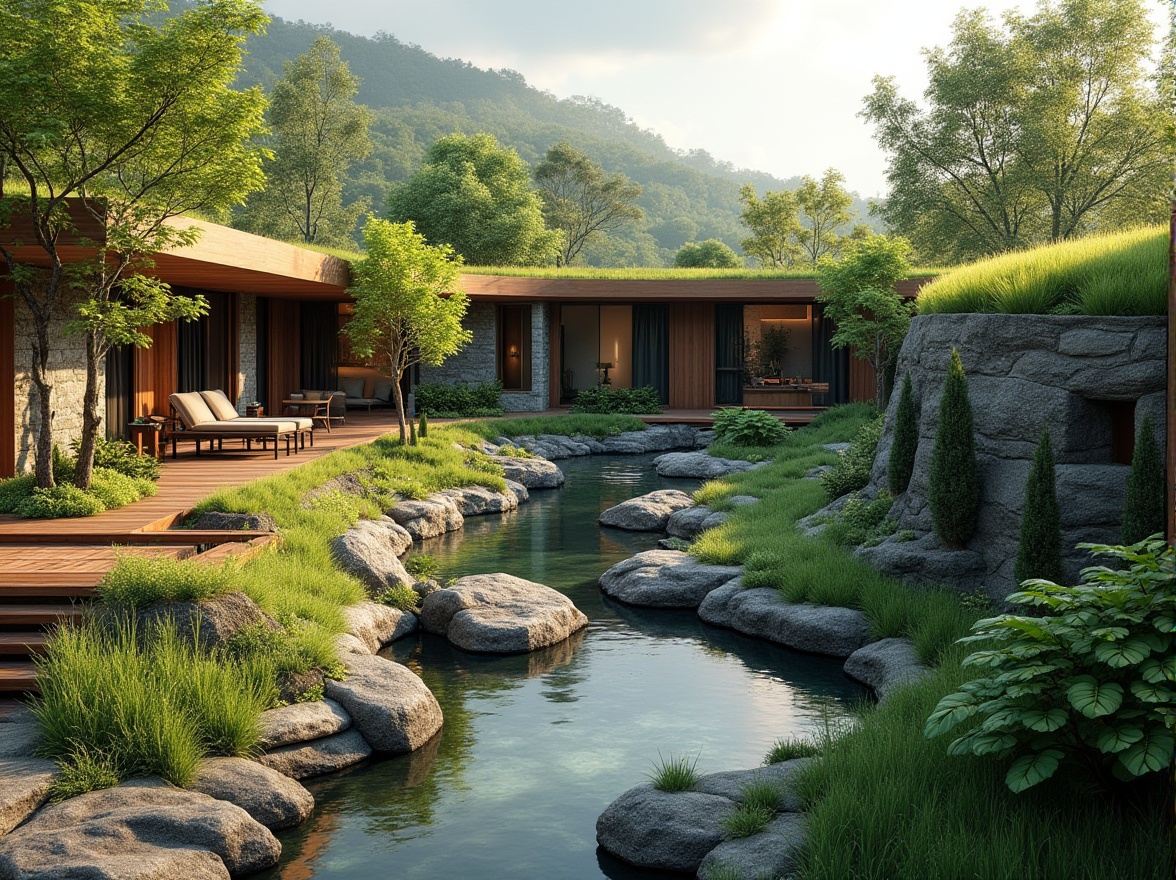 Prompt: Harmonious landscape integration, lush green roofs, natural stone walls, curved lines, organic forms, seamless transitions, outdoor living spaces, native plant species, meandering paths, wooden decks, water features, reflection pools, serene ambiance, soft warm lighting, shallow depth of field, 3/4 composition, panoramic view, realistic textures, ambient occlusion.Let me know if you need any adjustments!