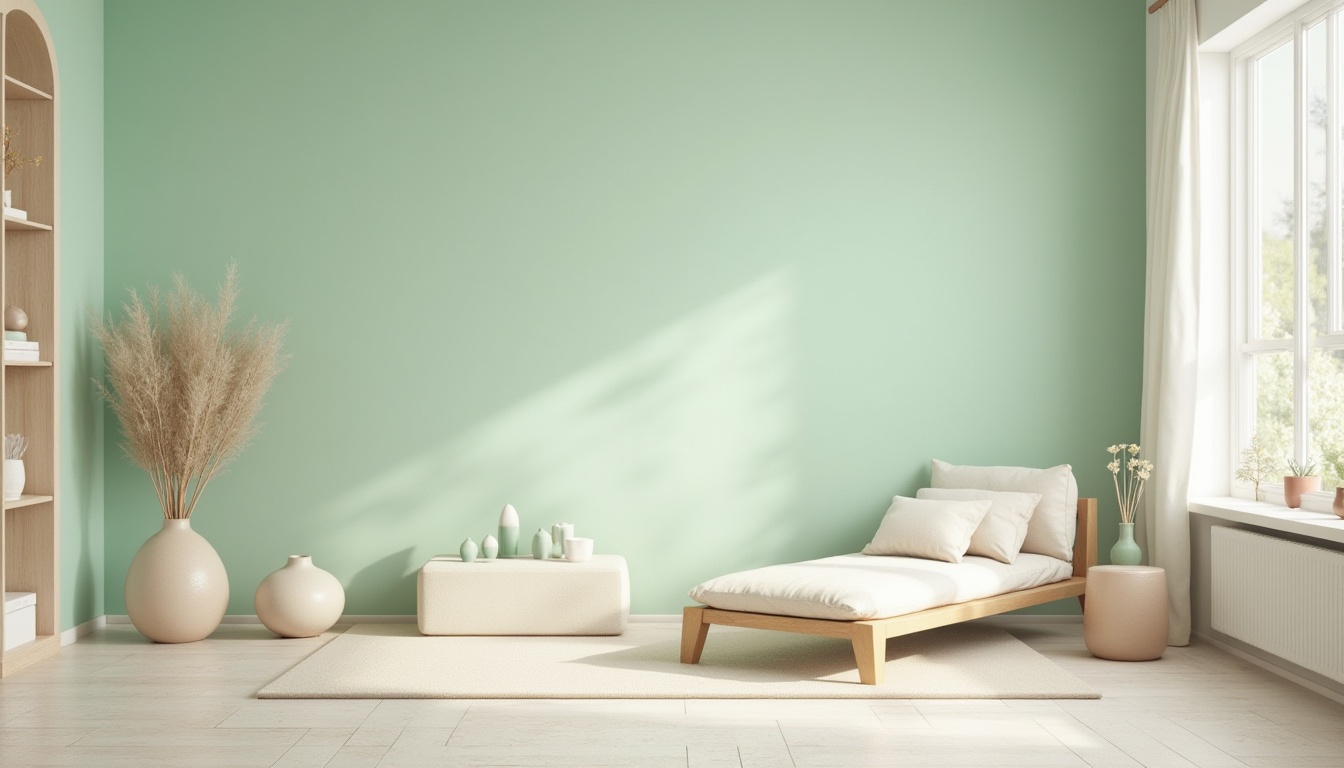 Prompt: Soft mint walls, calming atmosphere, natural textures, minimalist decor, sleek furniture, pastel-colored accents, creamy whites, warm beige tones, subtle patterns, organic shapes, refreshing ambiance, ambient lighting, shallow depth of field, 3/4 composition, panoramic view, realistic renderings, delicate ornaments.