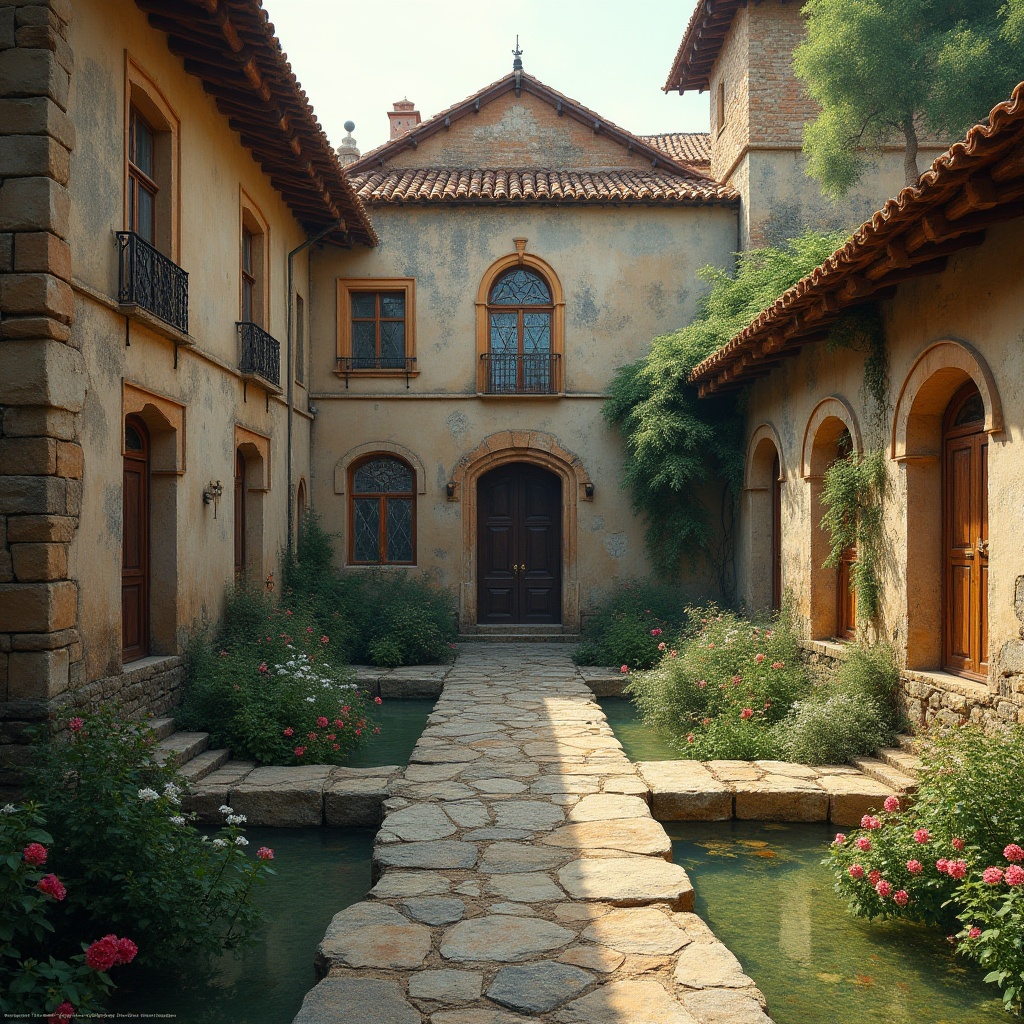 Prompt: Rustic monastery buildings, weathered stone walls, ornate wooden doors, stained glass windows, serene courtyards, lush greenery, vibrant flowers, tranquil water features, natural stone pathways, regional cultural heritage, traditional architectural elements, earthy color palette, warm ambient lighting, soft focus, shallow depth of field, 2/3 composition, symmetrical framing, realistic textures, subtle atmospheric effects.