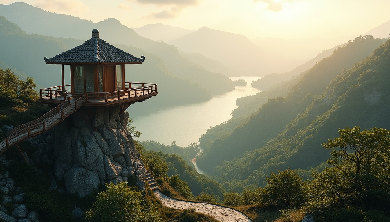 Prompt: Panoramic watching tower, harmonious landscape integration, rolling hills, lush green forests, serene lakeside, winding stone paths, natural rock formations, elevated wooden decks, cantilevered observation platforms, minimalist steel railings, rustic wooden accents, earthy tone color palette, soft misty atmosphere, warm golden lighting, shallow depth of field, 2/3 composition, symmetrical balance, realistic textures, ambient occlusion.