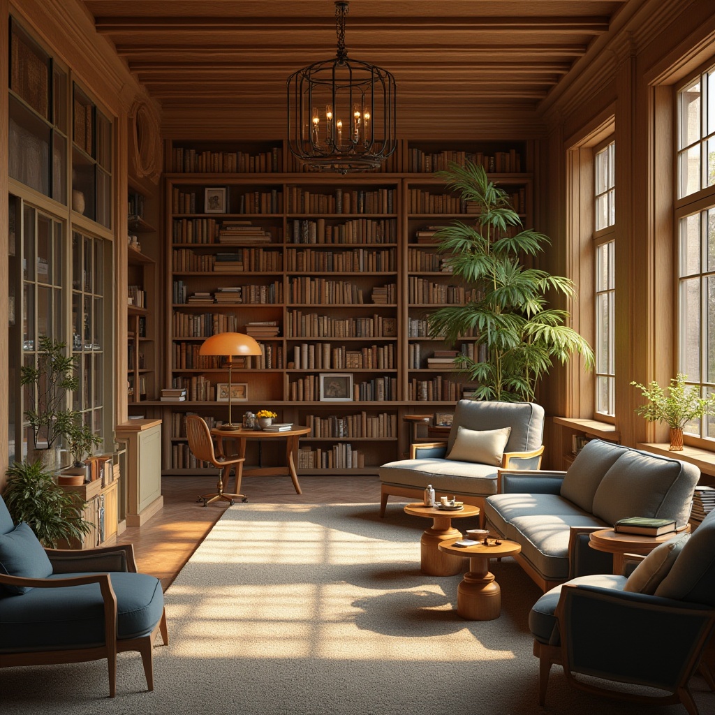 Prompt: Cozy library atmosphere, warm beige walls, rich wood tones, comfortable seating areas, soft golden lighting, calm blue accents, earthy brown furniture, natural stone floors, minimalist shelves, eclectic book collections, vintage reading lamps, plush carpeting, peaceful ambiance, morning sunlight, subtle texture overlays, 2/3 composition, intimate focal points.