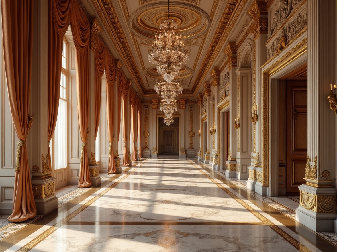 Prompt: Richly ornate columns, intricately carved stonework, luxurious marble flooring, ornamental moldings, gilded accents, velvety drapes, crystal chandeliers, lavish furnishings, antique wooden panels, polished bronze hardware, soft warm lighting, shallow depth of field, 3/4 composition, panoramic view, realistic textures, ambient occlusion.