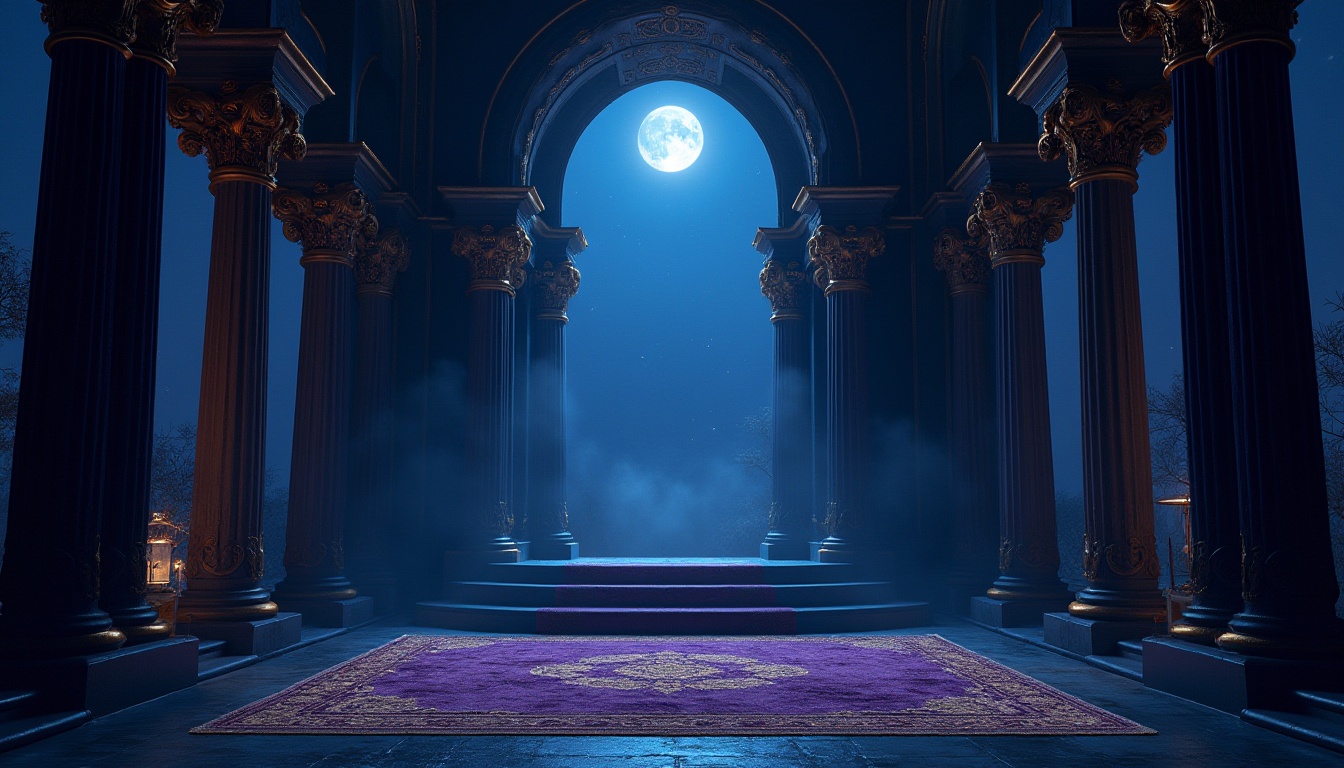 Prompt: Mysterious indigo tone, dark blue-purple hue, luxurious velvet fabric, ornate golden frames, lavish furnishings, opulent drapery, majestic architectural columns, intricate stone carvings, mysterious night sky, twinkling stars, soft moonlight, atmospheric mist, 1/1 composition, shallow depth of field, warm soft focus, realistic textures.