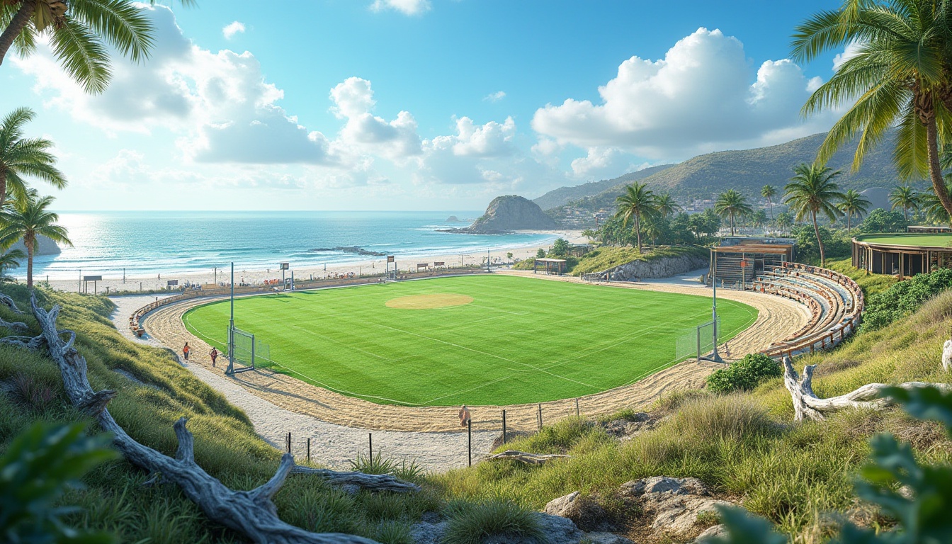 Prompt: Seaside sports complex, lush green grass, sandy beachside, coastal dunes, driftwood accents, ocean views, salty sea air, sunny day, natural stone pathways, weathered wooden fences, modern athletic facilities, sleek metal bleachers, vibrant team colors, dynamic lighting, shallow depth of field, 3/4 composition, panoramic view, realistic textures, ambient occlusion, tropical plants, beach volleyball courts, soccer fields, rugby pitches, tennis courts, running tracks, ocean-inspired architecture, eco-friendly materials, innovative drainage systems.