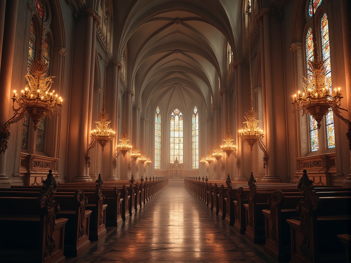 Prompt: Elegant chapel interior, vaulted ceilings, ribbed arches, stained glass windows, ornate stone carvings, grandiose chandeliers, intricate frescoes, lavish decorations, mystical ambiance, soft warm lighting, dramatic shadows, high contrast ratio, atmospheric perspective, symmetrical composition, rich textures, subtle color palette, solemn mood.