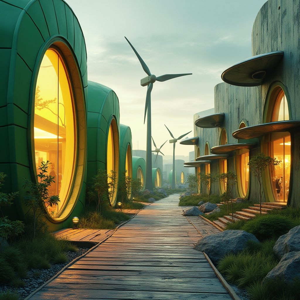 Prompt: Whimsical wind turbines, vibrant green accents, organic curves, futuristic metallic surfaces, glowing neon lights, industrial chic pipes, distressed wooden textures, natural stone foundations, minimalist modern architecture, open space walkways, panoramic views, warm golden lighting, shallow depth of field, 1/1 composition, realistic reflections, ambient occlusion.