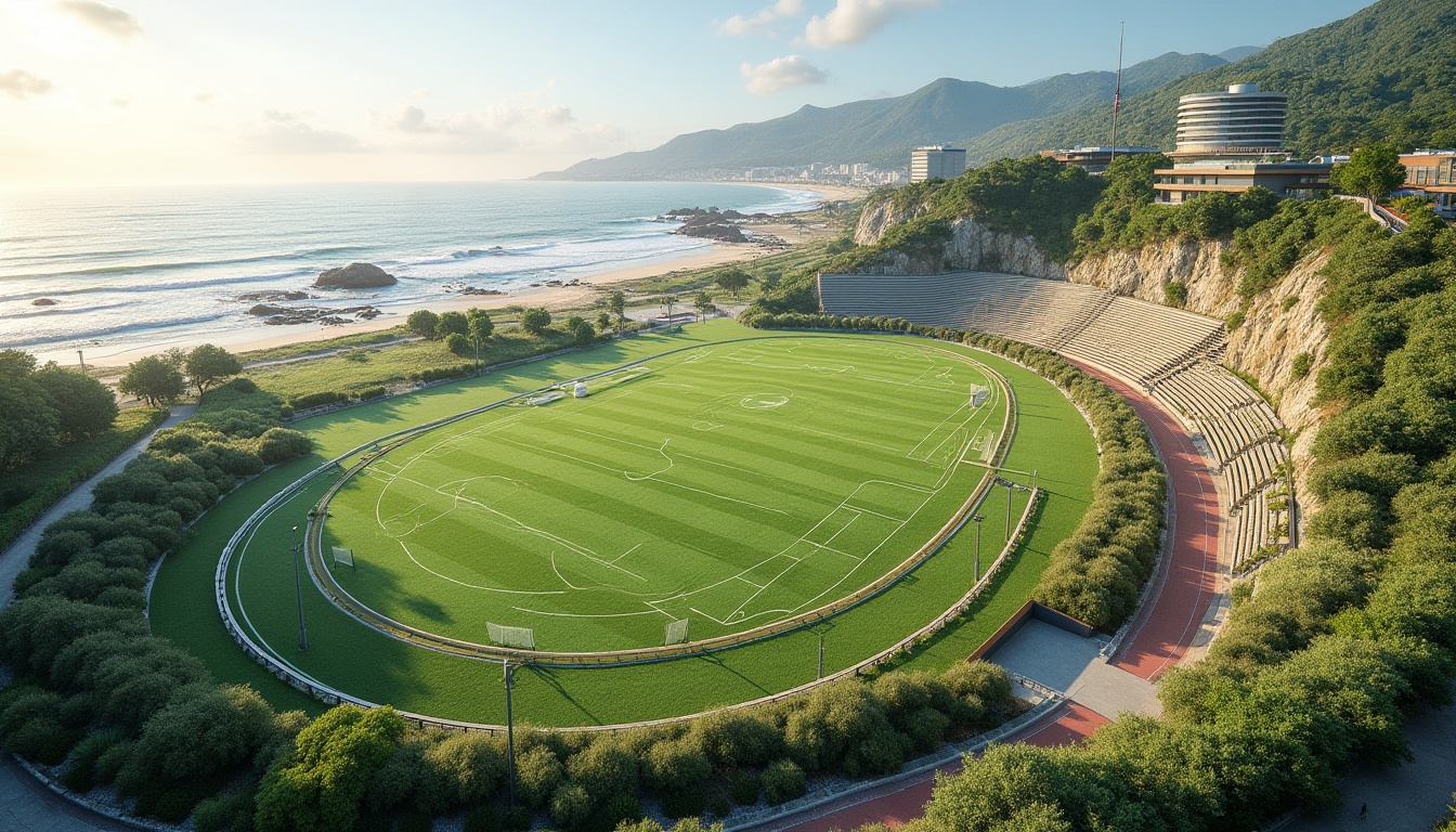 Prompt: Seaside sports complex, integrated coastal landscape, lush green grass, artificial turf, athletic tracks, sports equipment, modern stadium seating, ocean views, sandy beaches, rocky shores, salty air, warm sunlight, gentle sea breeze, 1/1 composition, low-angle shot, realistic textures, ambient occlusion, natural stone walls, wooden fences, nautical-themed architecture, curved lines, vibrant colorful accents, dynamic lighting effects.