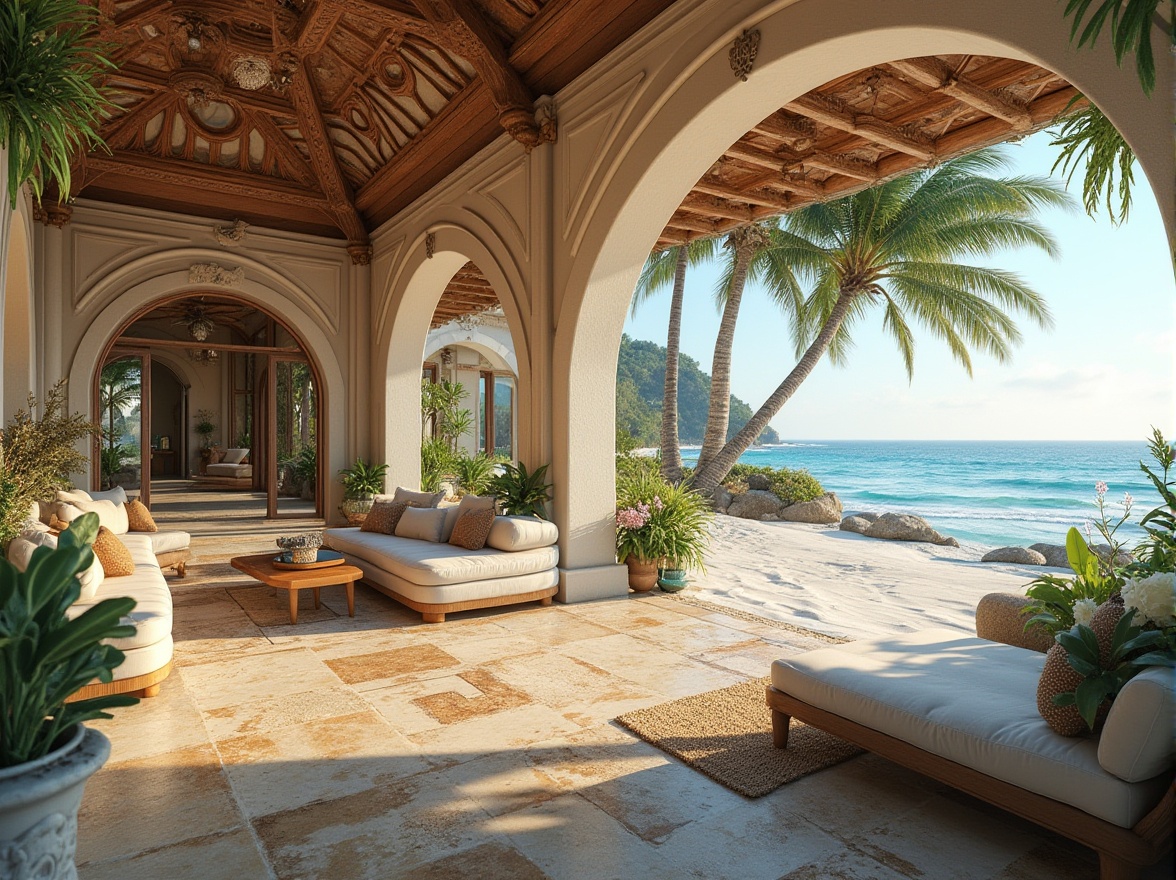 Prompt: Elegant beachside villa, intricately carved wooden accents, ornate balconies, curved lines, soft pastel colors, weathered wood textures, natural stone foundations, seashell-inspired motifs, driftwood decorative elements, ocean breeze, salty air, warm sunny day, shallow water, sandy shores, lush greenery, tropical palms, blooming flowers, vintage nautical elements, distressed finishes, cozy reading nooks, plush furniture, panoramic ocean views, 1/2 composition, warm soft lighting, realistic wave simulations.