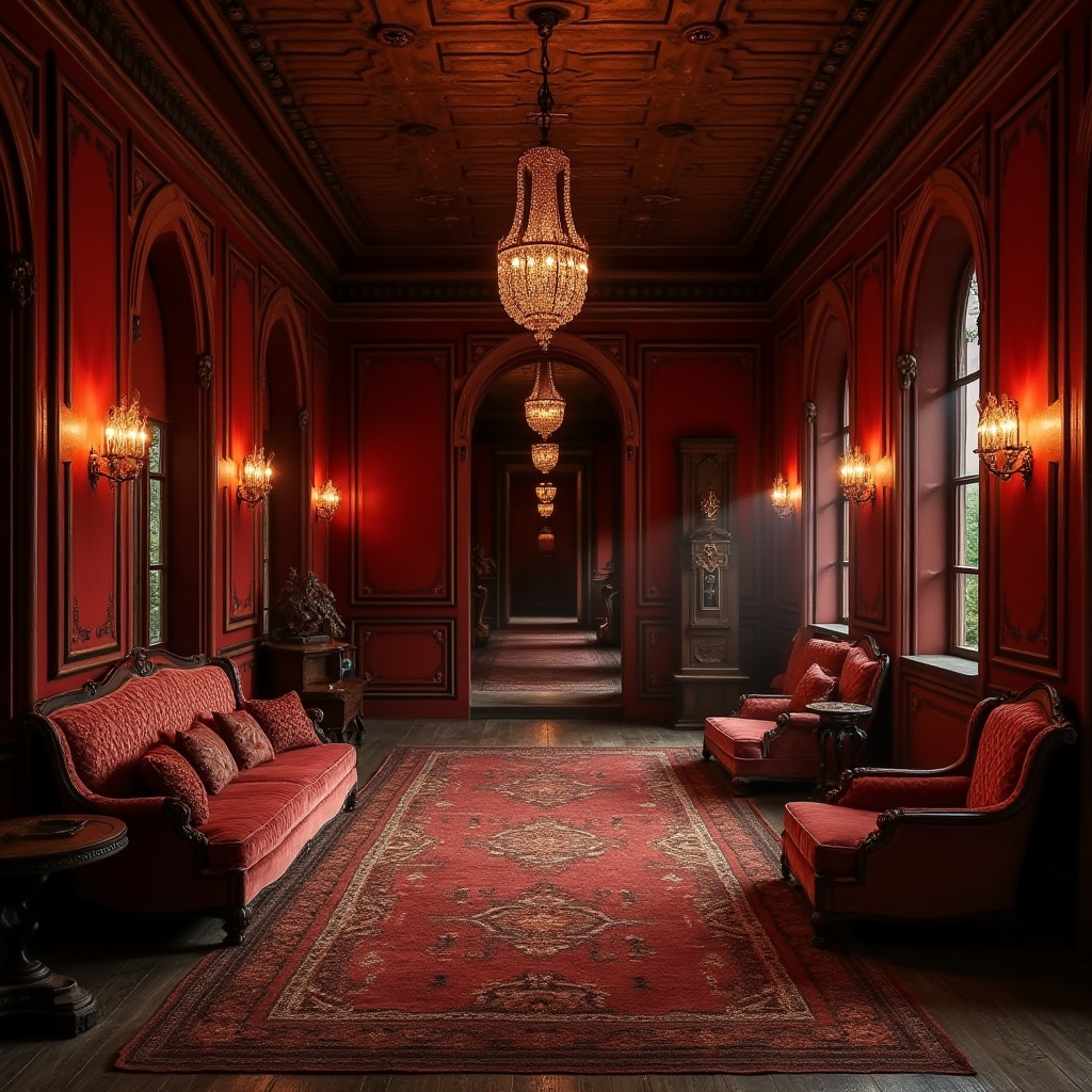 Prompt: Vibrant maroon accent walls, rich wooden furniture, bold geometric patterns, warm golden lighting, cozy intimate atmosphere, luxurious velvet fabrics, intricate ornate details, rustic stone textures, mysterious dimly lit corridors, grandiose high ceilings, opulent crystal chandeliers, dramatic shadowing effects, cinematic 1-point perspective composition.