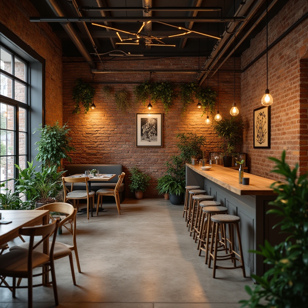 Prompt: Warm inviting atmosphere, rustic brick facade, earthy tones, natural textures, industrial chic interior, reclaimed wood accents, metal beams, pendant lighting, cozy nooks, comfortable seating, lush greenery, living walls, modern minimalist decor, neutral color palette, soft warm lighting, shallow depth of field, 3/4 composition, realistic textures, ambient occlusion.