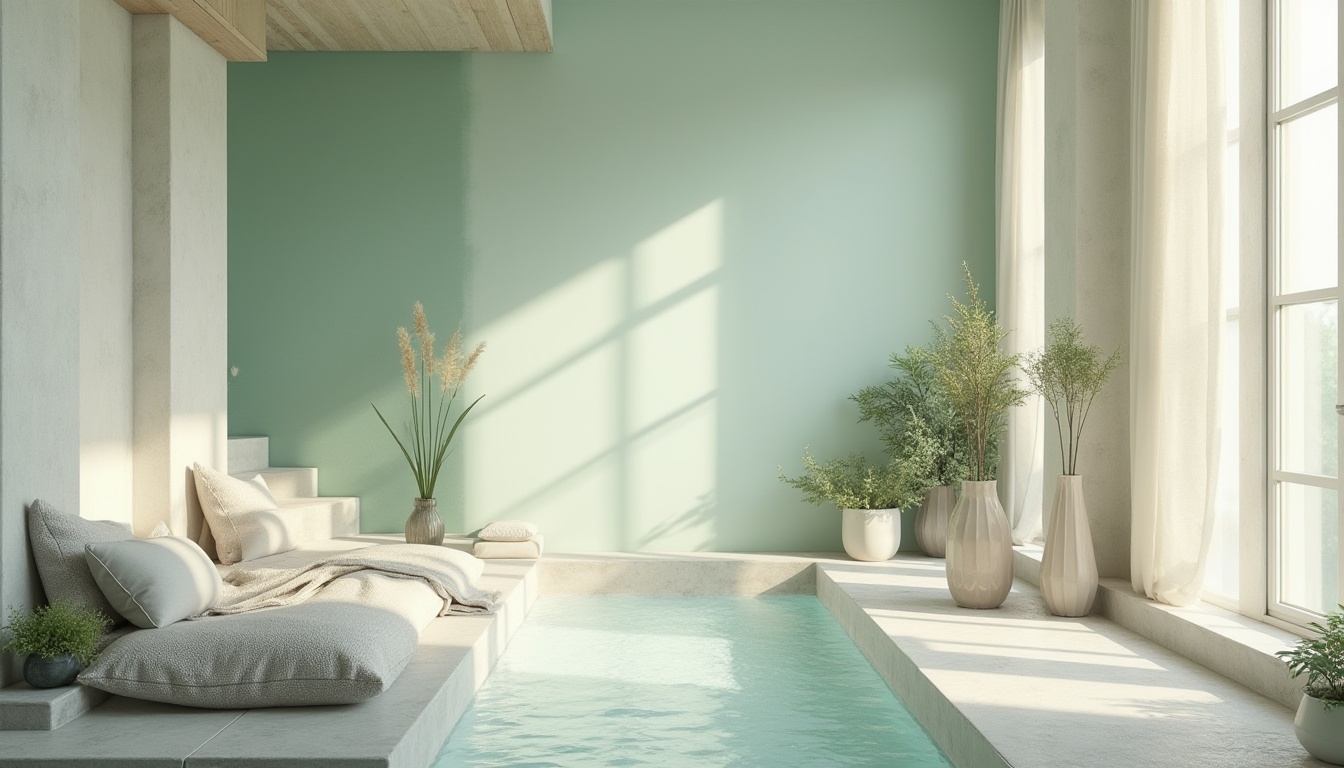 Prompt: Soft mint walls, creamy whites, pale blues, warm beiges, gentle greens, calming lavender, serene water features, natural stone flooring, wooden accents, minimalist decor, soft cushions, cozy throw blankets, peaceful botanicals, filtered sunlight, subtle shadows, 1/1 composition, shallow depth of field, realistic textures, ambient occlusion.