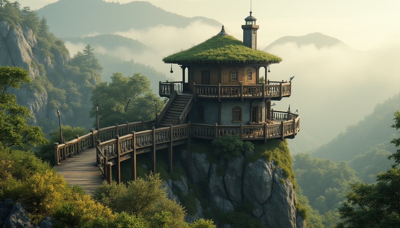 Prompt: Watchtower with lush green roofs, natural stone walls, wooden accents, panoramic views, winding staircases, observation decks, telescopes, binoculars, rustic furniture, earthy tones, misty mornings, warm sunlight, soft shadows, 1/1 composition, atmospheric perspective, realistic textures, subtle animations.