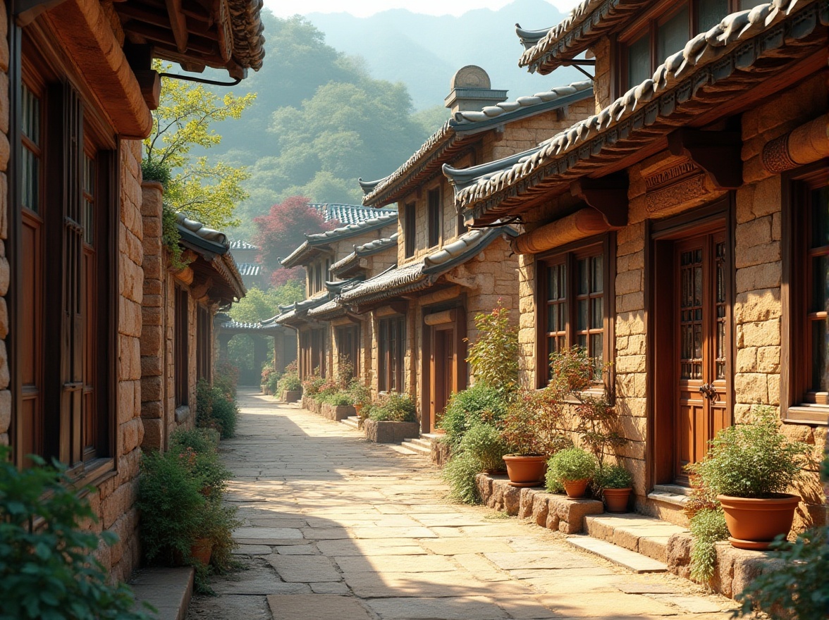 Prompt: Earthy tone regionalist buildings, rustic stone walls, wooden accents, curved lines, ornate decorations, vibrant cultural patterns, traditional architectural elements, lush green roofs, overhanging eaves, warm natural lighting, soft shadows, 1/2 composition, intimate focal length, atmospheric perspective, realistic textures, subtle weathering effects.