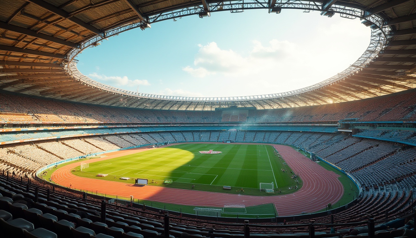 Prompt: Stadium architecture, curved grandstands, green grass fields, athletic tracks, sports lighting, goalposts, scoreboards, spectator seating, vibrant team colors, modern materials, steel beams, cantilevered roofs, open-air design, natural ventilation, panoramic views, shallow depth of field, 1/2 composition, warm afternoon sunlight, soft focus background, realistic textures, ambient occlusion.