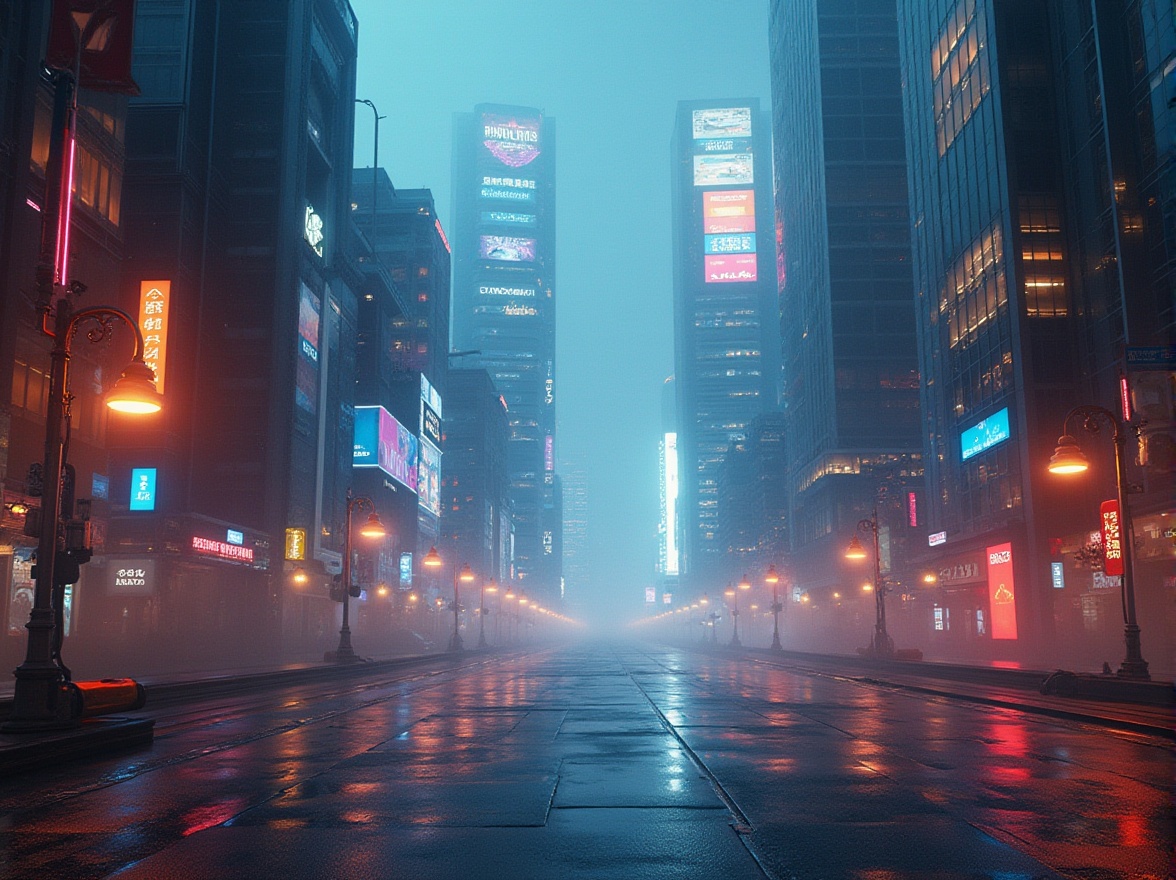 Prompt: Futuristic urban landscape, sleek skyscrapers, neon lights, LED strips, holographic advertisements, vibrant cityscape, misty atmosphere, soft box lighting, warm ambient glow, futuristic street lamps, metallic fixtures, glass ceilings, open atriums, 3D projections, dynamic color schemes, high-contrast ratios, cinematic lighting effects, dramatic spotlights, diffuse backlighting, shallow depth of field, 2/3 composition, symmetrical framing, vibrant colorful accents.