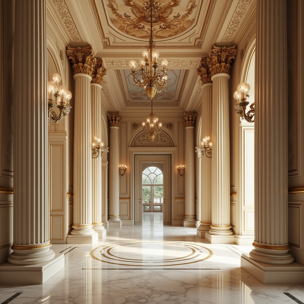 Prompt: Elegant classical columns, ornate moldings, rich wood tones, polished marble floors, luxurious velvet fabrics, antique bronze hardware, cream-colored limestone walls, decorative stucco ceilings, crystal chandeliers, intricate fresco paintings, refined gold accents, lavish drapery, soft warm lighting, shallow depth of field, 3/4 composition, panoramic view, realistic textures, ambient occlusion.