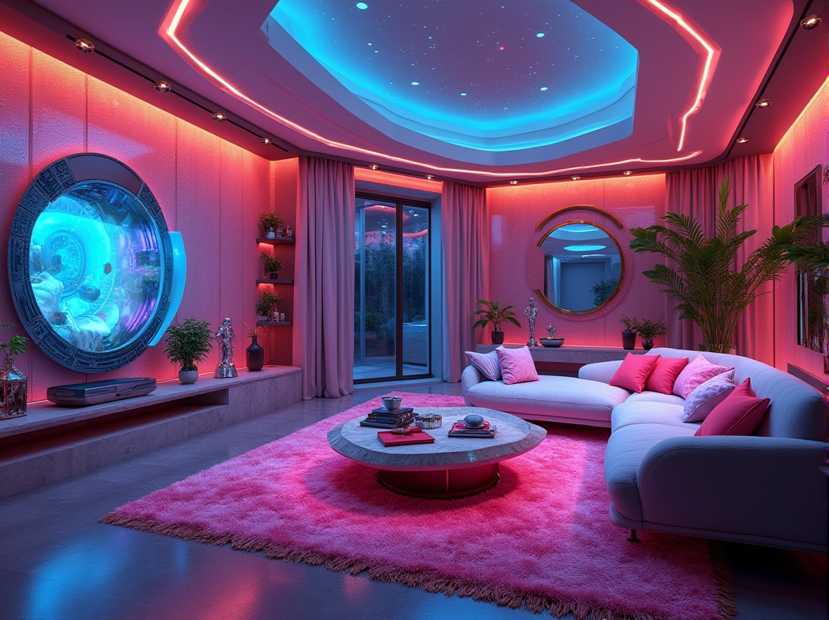 Prompt: Futuristic living room, neon-lit ambiance, metallic accents, sleek low-profile furniture, vibrant colorful textiles, intricate geometric patterns, holographic designs, iridescent fabrics, LED-infused materials, futuristic sculptures, ambient lighting, 3D-printed decorative elements, minimalist color palette, high-tech gadgets, virtual reality integration, cyberpunk-inspired decor, abstract art pieces, luxurious velvety surfaces, shimmering curtains, avant-garde architectural details.