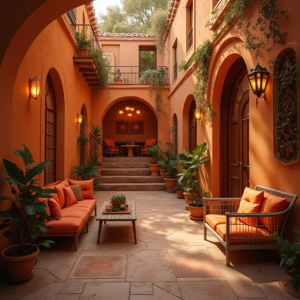 Prompt: Warm persimmon-hued buildings, earthy terracotta walls, soft golden lighting, rustic wooden accents, cozy interior spaces, vibrant orange-toned furniture, natural stone flooring, curved archways, ornate metal details, Mediterranean-inspired architecture, sun-kissed exterior facades, lush greenery surroundings, warm beige stucco exteriors, inviting entranceways, decorative ceramic tiles, earthy scent atmosphere, soft focus photography, 1/2 composition, warm color grading.