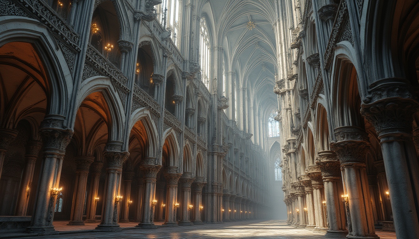 Prompt: Grandiose Gothic cathedral, intricately carved stone facades, soaring steel arches, stained glass windows, ribbed vaulted ceilings, ornate pinnacles, dramatic verticality, imposing buttresses, modern steel frame structures, exposed metal beams, minimalist interior design, subtle industrial textures, warm ambient lighting, soft misty atmosphere, 1/1 composition, detailed geometric patterns, realistic stone and metal materials.