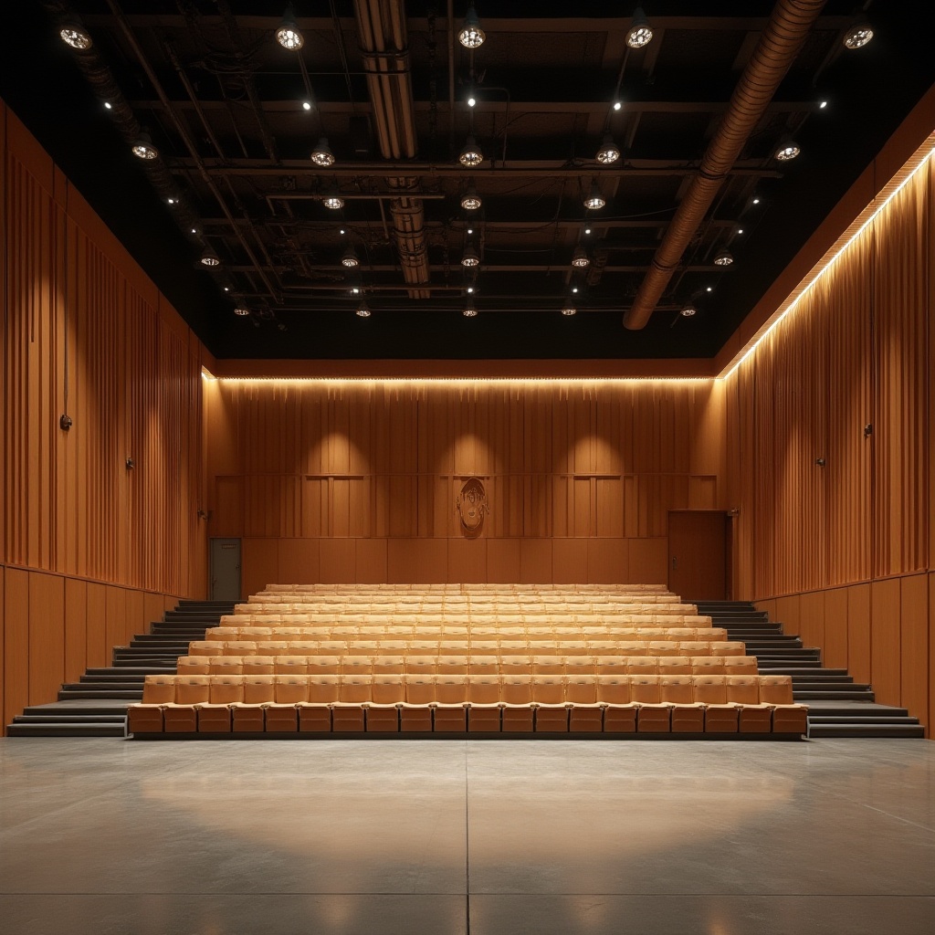 Prompt: Bauhaus-style auditorium, rectangular shape, minimal ornamentation, functional simplicity, industrial materials, exposed ductwork, polished concrete floors, wooden acoustic panels, geometric shapes, asymmetrical composition, bold color scheme, dramatic lighting effects, spotlighting, warm ambiance, intimate setting, 1/2 composition, realistic textures, ambient occlusion, natural reverberation.