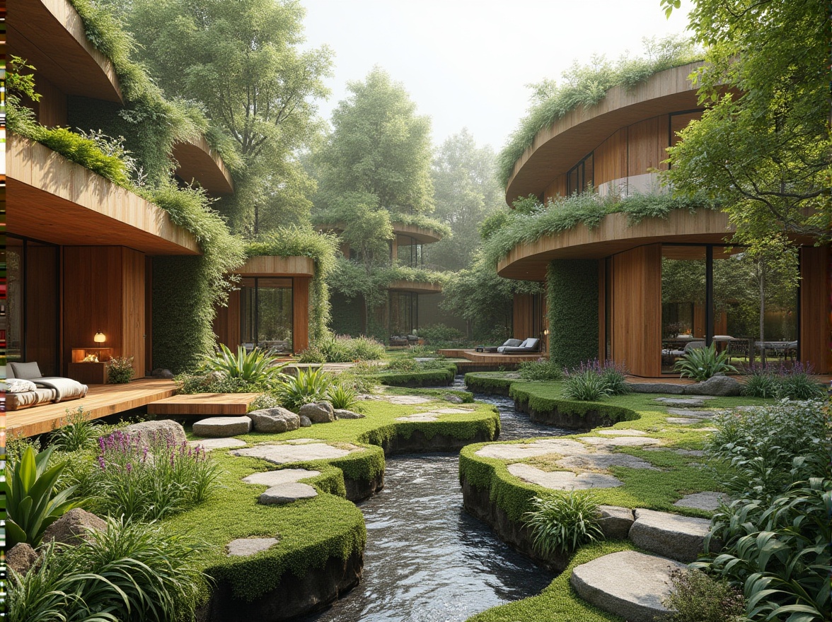 Prompt: Seamless natural integration, organic curves, lush green roofs, living walls, sustainable materials, wooden accents, stone foundations, earthy tones, serene water features, rippling streams, vibrant wildflowers, majestic trees, soft diffused lighting, shallow depth of field, 1/2 composition, intimate scale, warm beige colors, cozy outdoor spaces, nature-inspired patterns, effortless blending with surroundings.