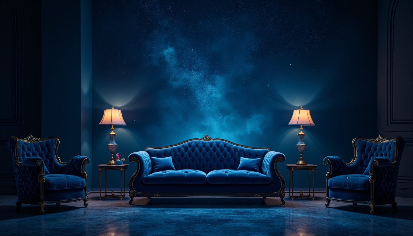 Prompt: Mysterious indigo night sky, twinkling stars, celestial bodies, dark blue undertones, rich velvet fabrics, luxurious textures, regal atmosphere, dramatic lighting, bold shadows, modern art deco patterns, ornate gold accents, sophisticated interior design, lavish furnishings, abstract expressionism artwork, moody color grading, cinematic depth of field, 1/2 composition, low-key portrait photography, atmospheric ambiance.