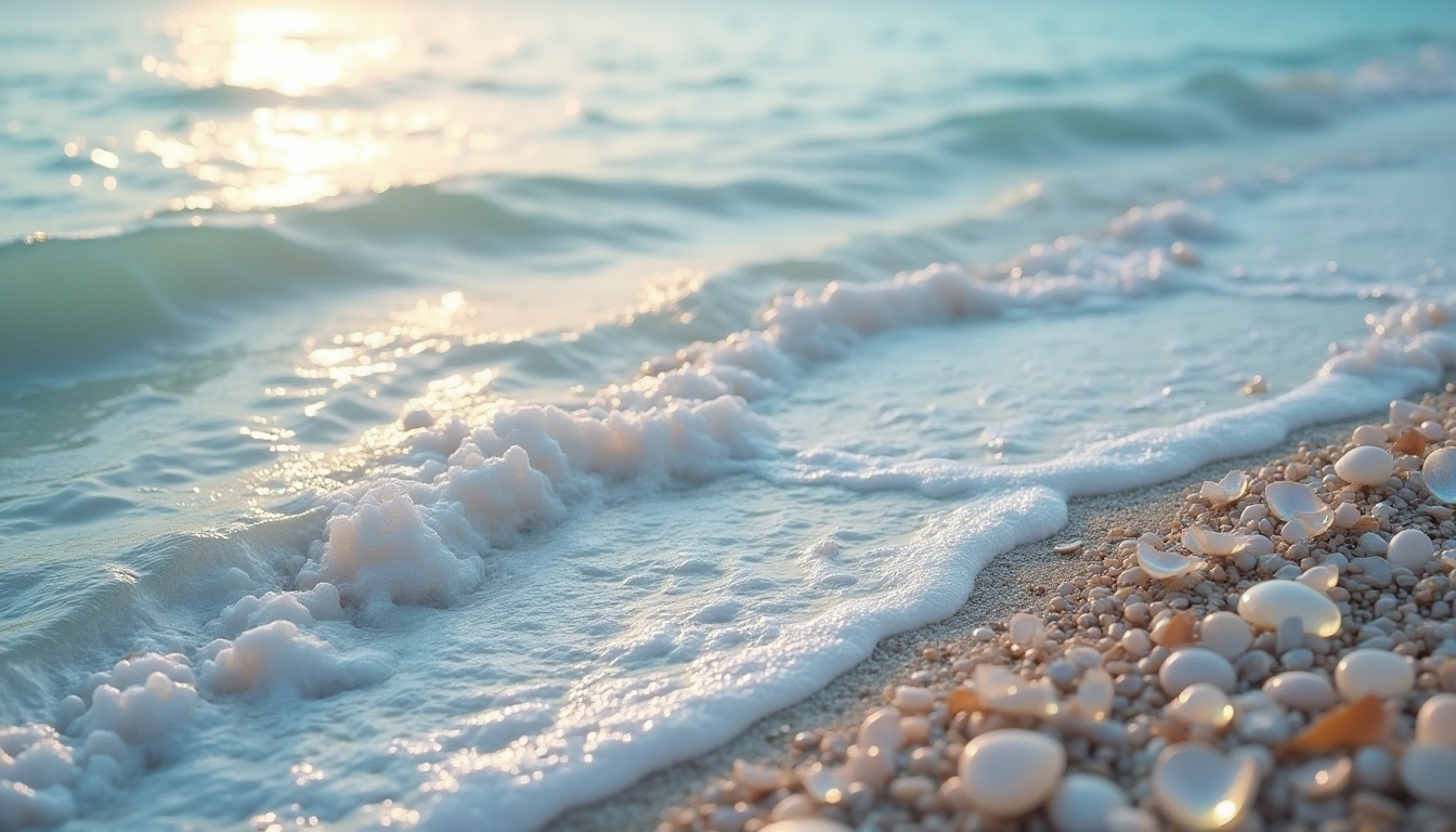 Prompt: Undulating waves, smooth pebbles, seaside ambiance, organic curves, flowing water features, iridescent shells, shimmering pearls, translucent glass, soft pastel hues, ethereal mist, gentle ocean breeze, warm sunlight, shallow depth of field, 2/3 composition, whimsical patterns, dreamy textures, atmospheric perspective.