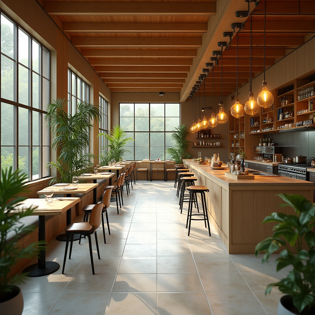 Prompt: Cozy restaurant interior, warm wood accents, large windows, transparent glass doors, open kitchen concept, minimal obstruction, reflective ceiling surfaces, bright color scheme, airy atmosphere, lush greenery, potted plants, natural stone flooring, modern minimalist furniture, sleek metal frames, abundance of daylight, soft warm lighting, shallow depth of field, 1/1 composition, panoramic view, realistic textures, ambient occlusion.