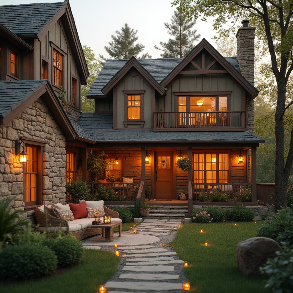 Prompt: Cozy residential exterior, warm earthy tones, natural stone walls, wooden accents, soft greenery, blooming flowers, tranquil atmosphere, suburban neighborhood, two-story buildings, pitched roofs, dormer windows, brick chimneys, inviting porches, comfortable outdoor seating, lantern-style lighting, warm golden illumination, shallow depth of field, 1/2 composition, realistic textures, ambient occlusion.