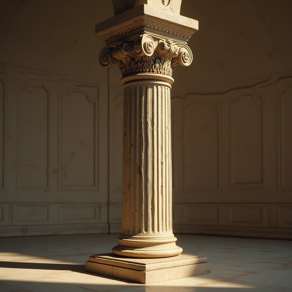 Prompt: Ornate column, Corinthian capital, fluted shaft, limestone material, ornamental carvings, acanthus leaf motifs, Renaissance-inspired design, classical proportions, elegant curves, subtle shadows, warm golden lighting, high contrast ratio, 1/2 composition, dramatic perspective, realistic textures, ambient occlusion.