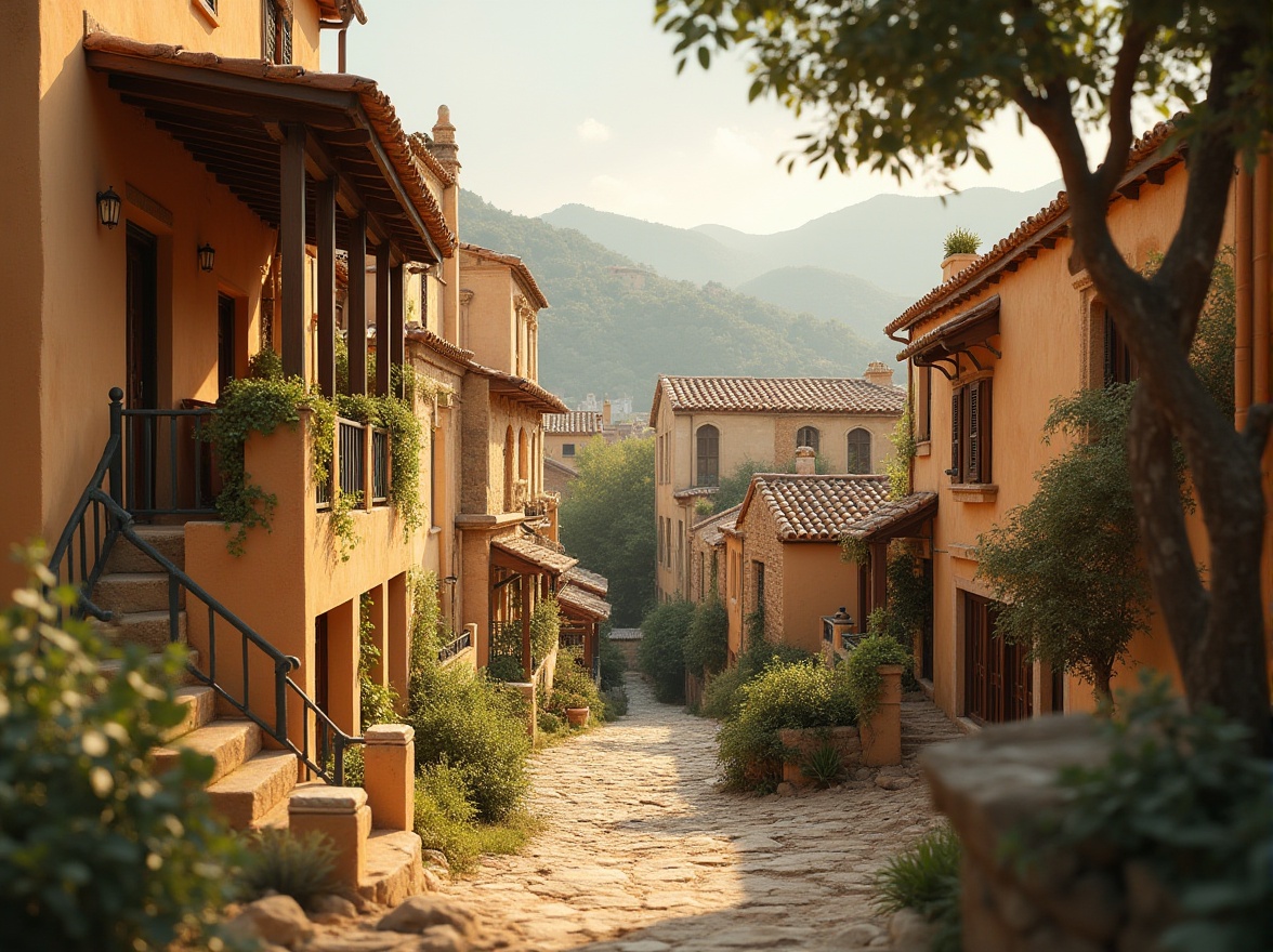 Prompt: Earthy tone buildings, warm beige walls, rustic terracotta roofs, natural stone foundations, olive green foliage, sun-kissed terrain, weathered wooden accents, earthy brown pathways, soft golden lighting, atmospheric mist, shallow depth of field, 1/2 composition, intimate focus, realistic textures, ambient occlusion.