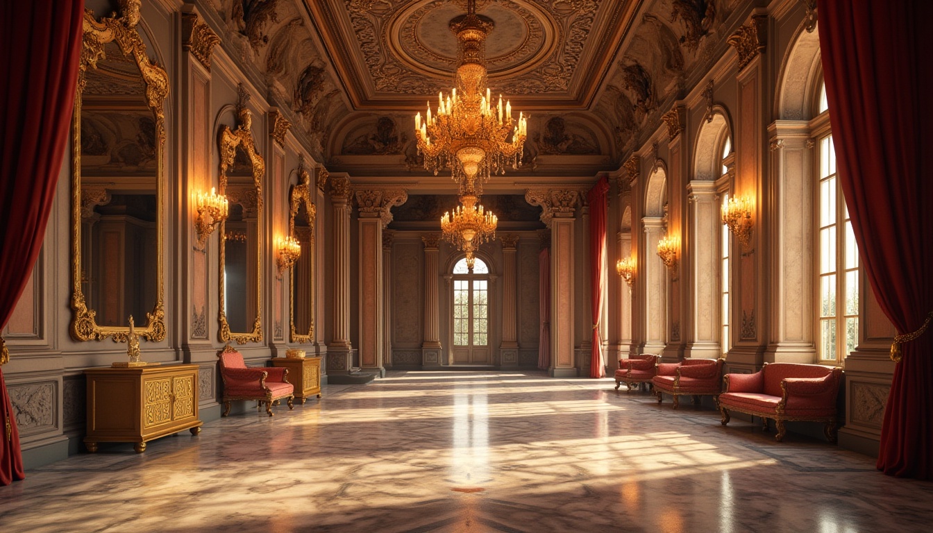 Prompt: Grand Renaissance palace, ornate chandeliers, marble floors, gilded mirrors, velvet drapes, carved wooden paneling, fresco ceilings, intricate stonework, symmetrical archways, majestic staircases, lavish furnishings, rich tapestries, warm golden lighting, soft shadows, 1/1 composition, realistic textures, ambient occlusion, dramatic vertical space, ornate decorative elements.