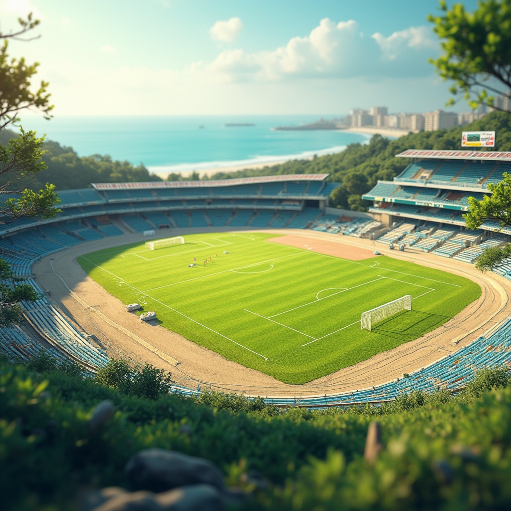 Prompt: Vibrant coastal sports fields, lush green grass, sandy beige soil, weathered wood bleachers, ocean-inspired blue fences, sunny day with soft warm light, shallow depth of field, 3/4 composition, realistic textures, ambient occlusion, natural stone pathways, driftwood accents, nautical rope details, athletic track lanes, soccer goals, tennis courts, baseball diamonds, basketball hoops, volleyball nets, colorful sponsor logos, dynamic action shots, fast-paced sports atmosphere.